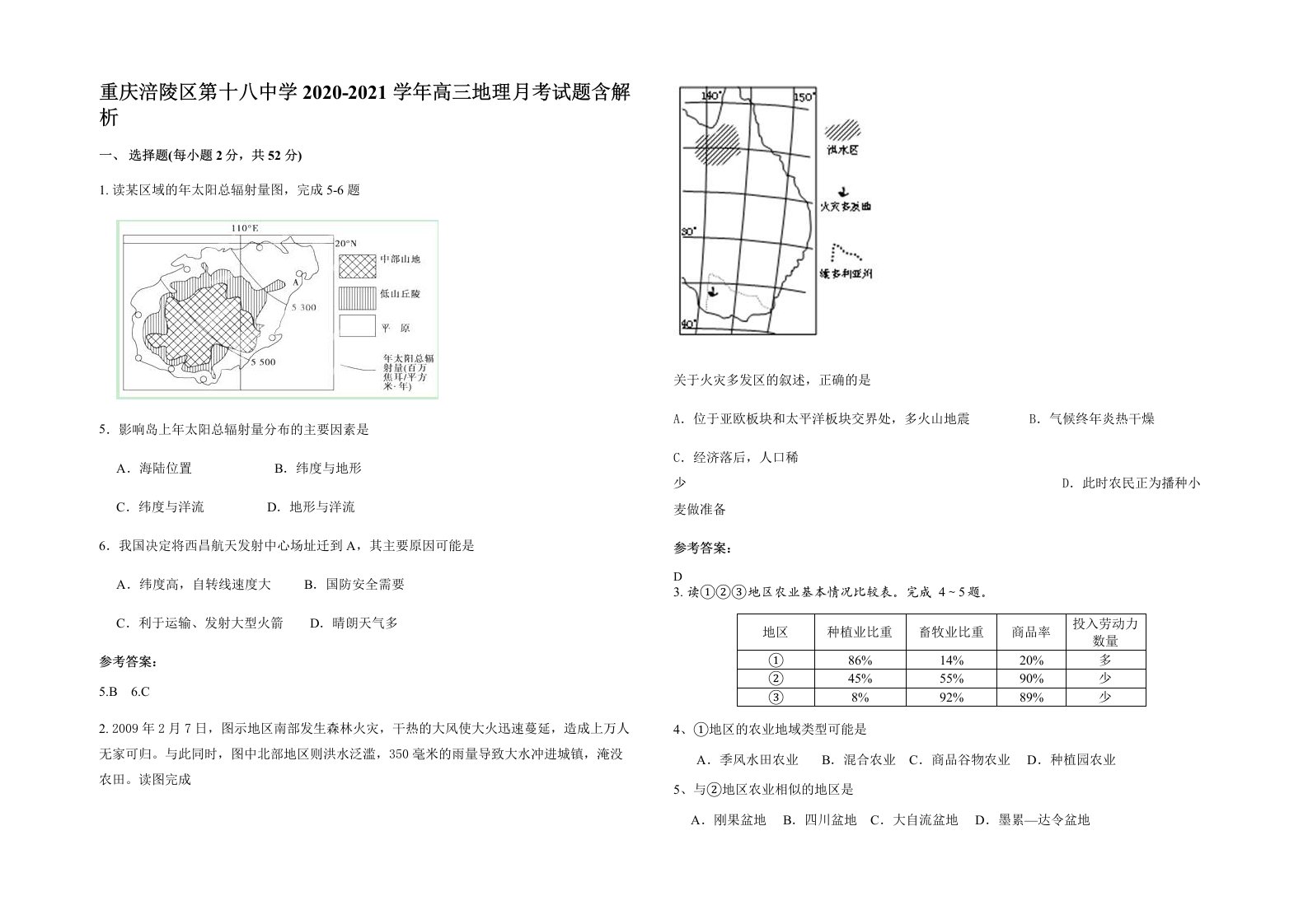 重庆涪陵区第十八中学2020-2021学年高三地理月考试题含解析