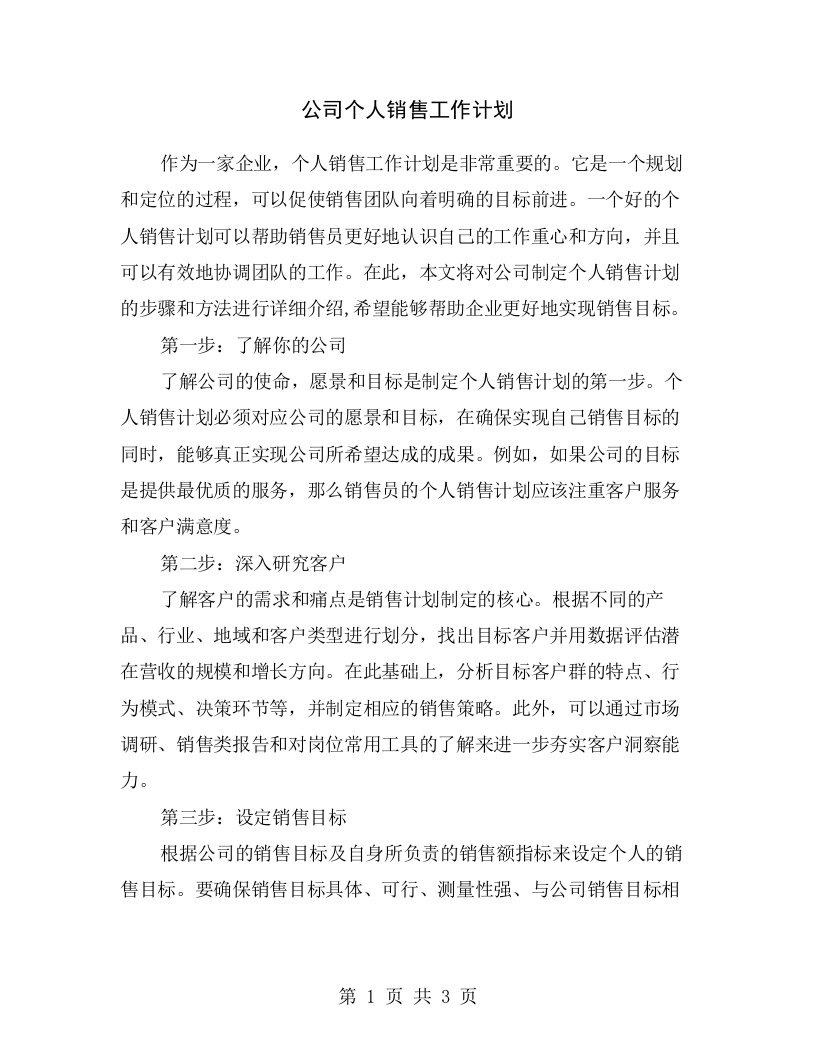 公司个人销售工作计划