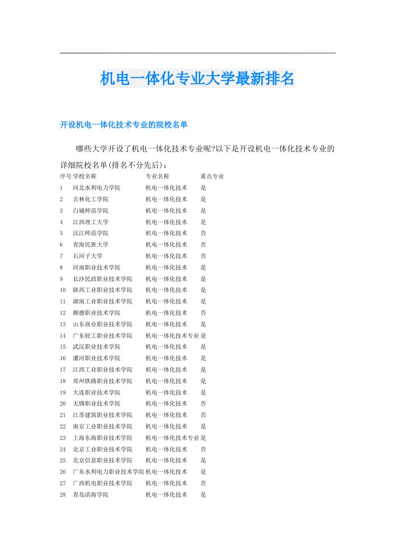 机电一体化专业大学最新排名