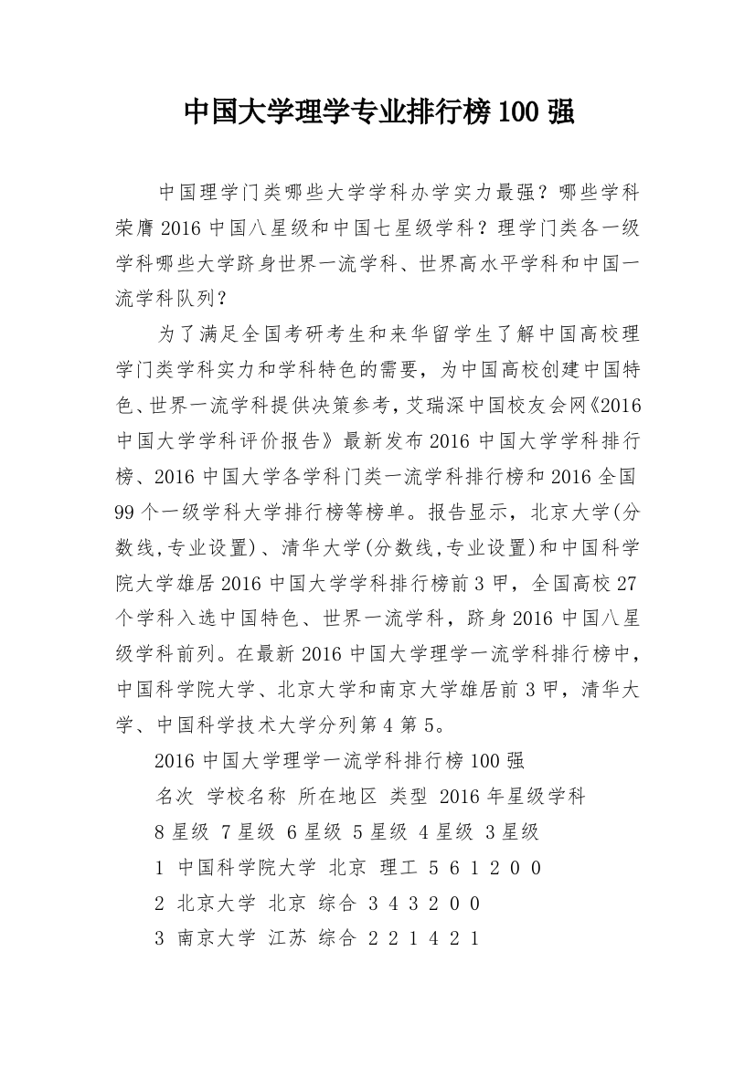 中国大学理学专业排行榜100强