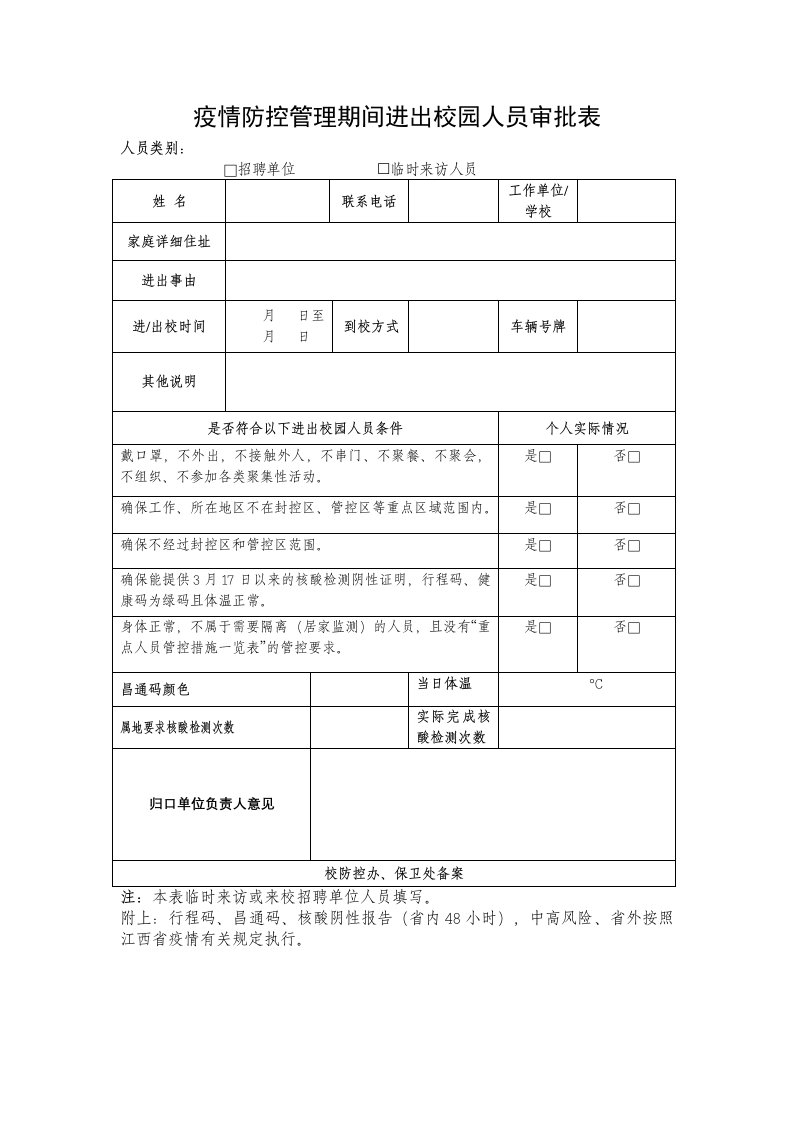 疫情防控管理期间进出校园人员审批表