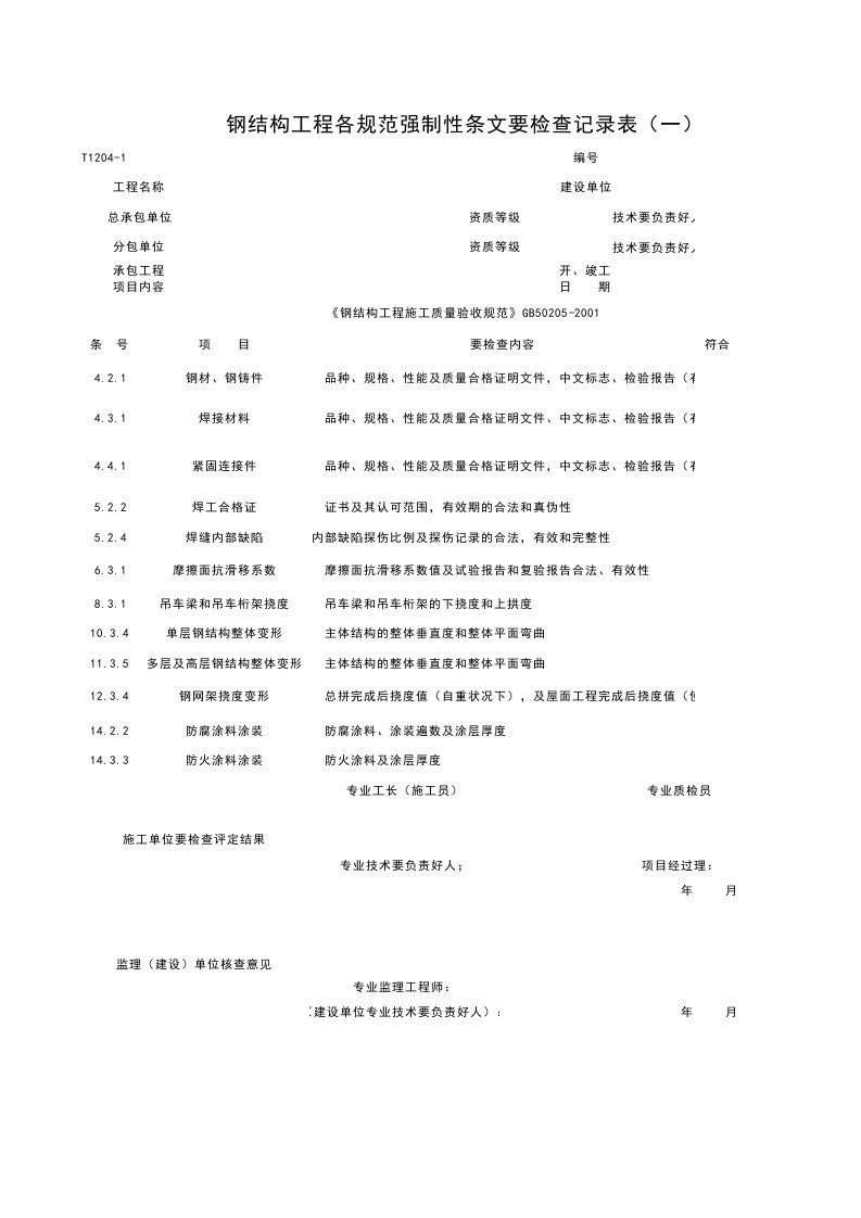 T1204-1_钢结构工程各规范强制性条检查记录表（一）