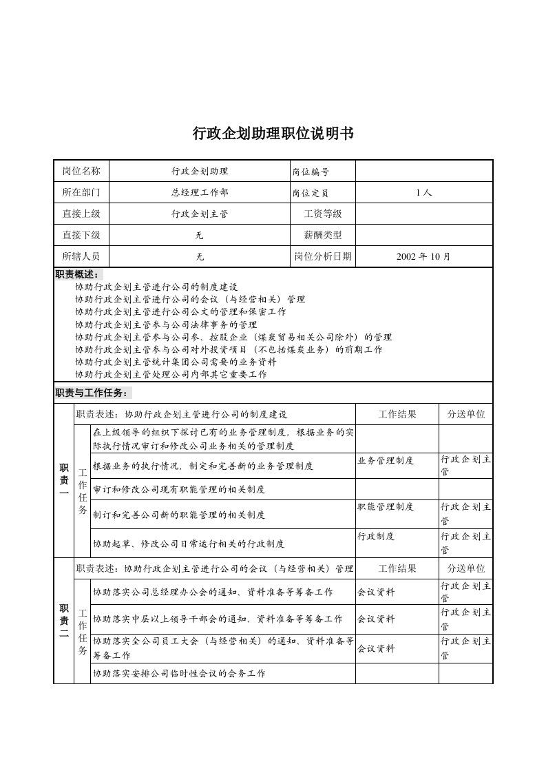 总经理工作部行政企划助理岗位职责