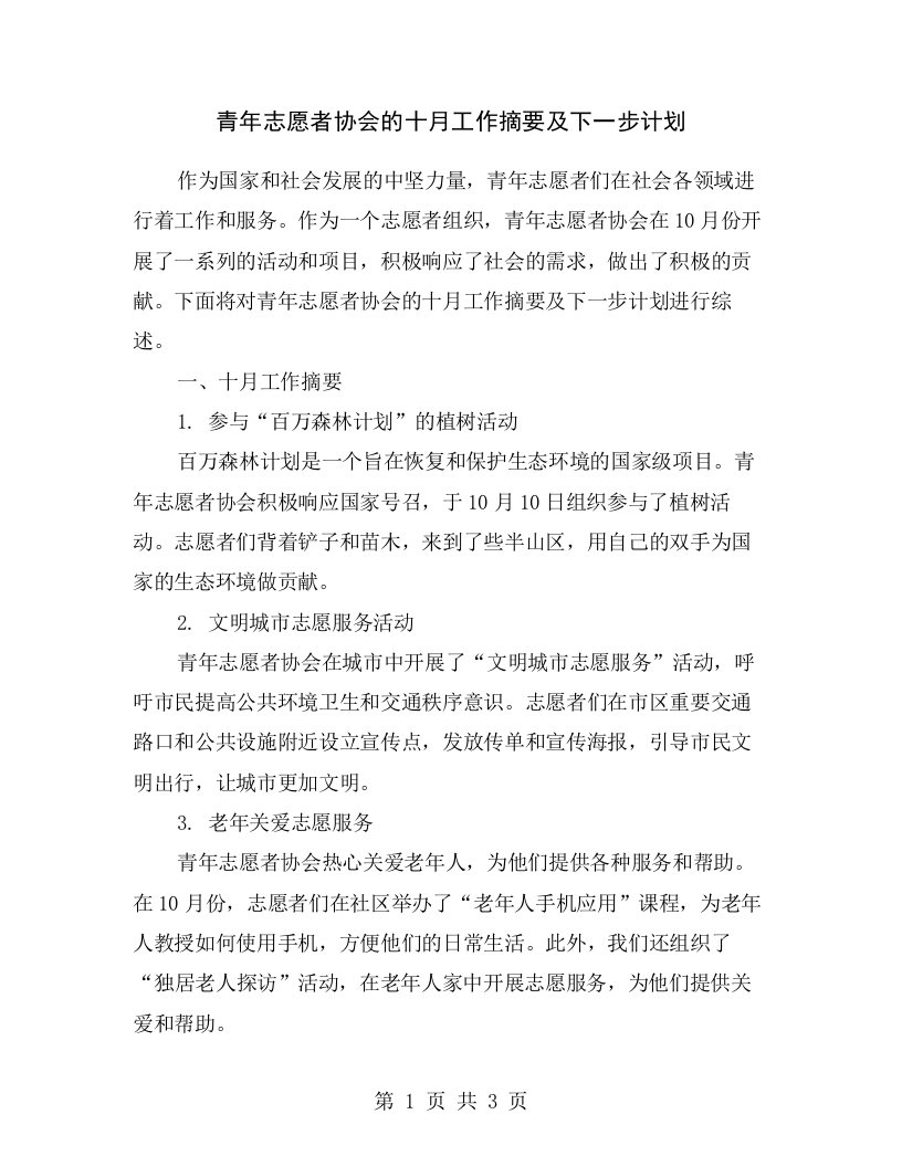 青年志愿者协会的十月工作摘要及下一步计划