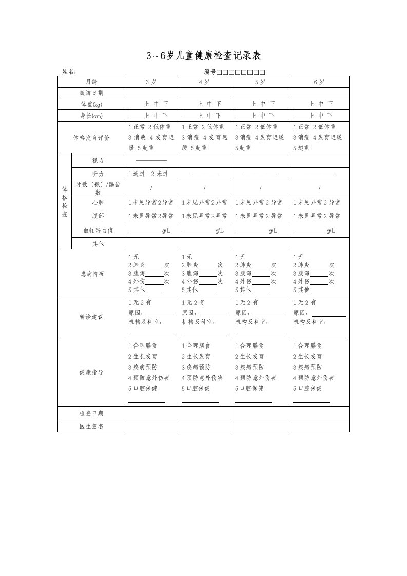 3-6岁儿童健康检查表