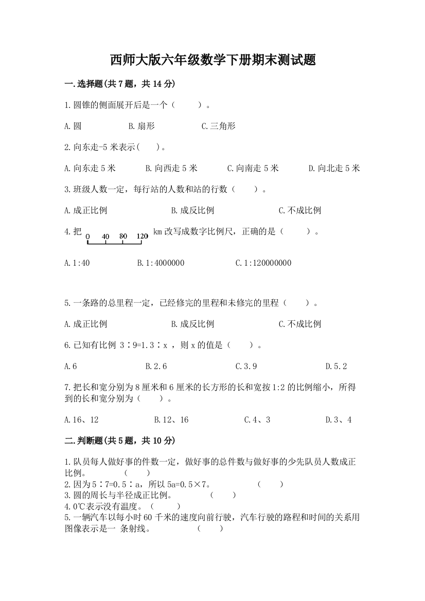 西师大版六年级数学下册期末测试题精品(巩固)