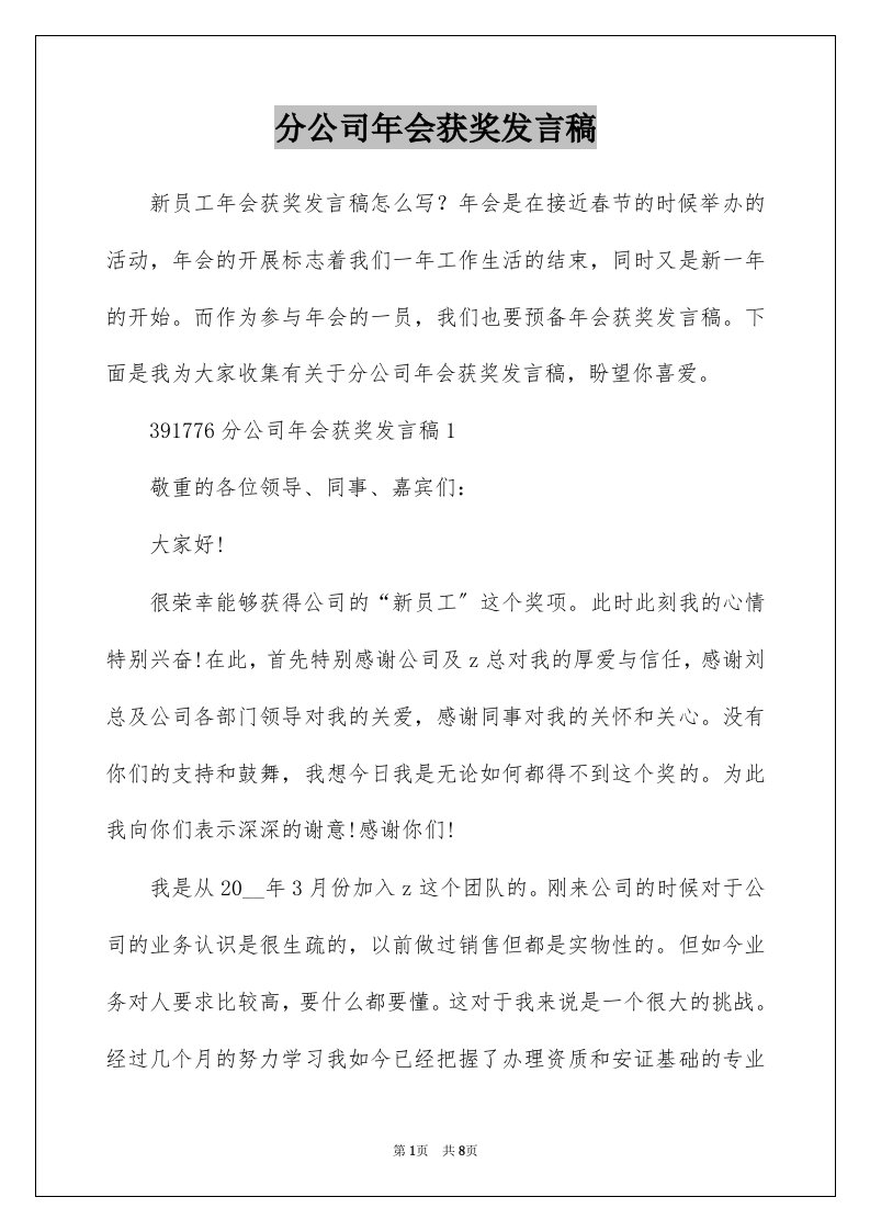 分公司年会获奖发言稿