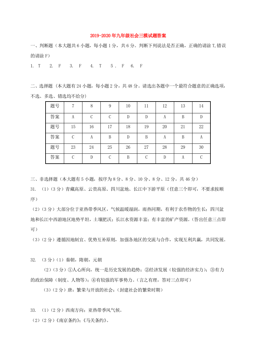 2019-2020年九年级社会三模试题答案