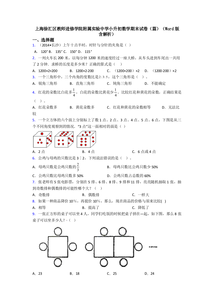 上海徐汇区教师进修学院附属实验中学小升初数学期末试卷(篇)(Word版-含解析)