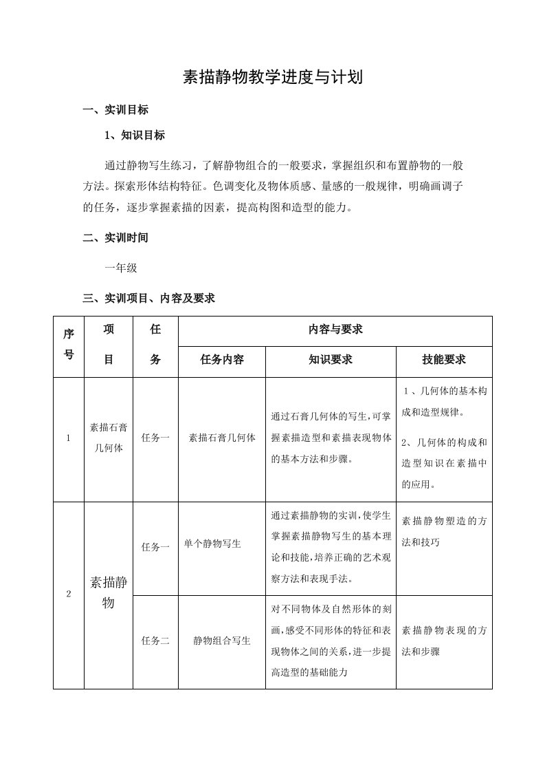 素描静物教学进度与计划