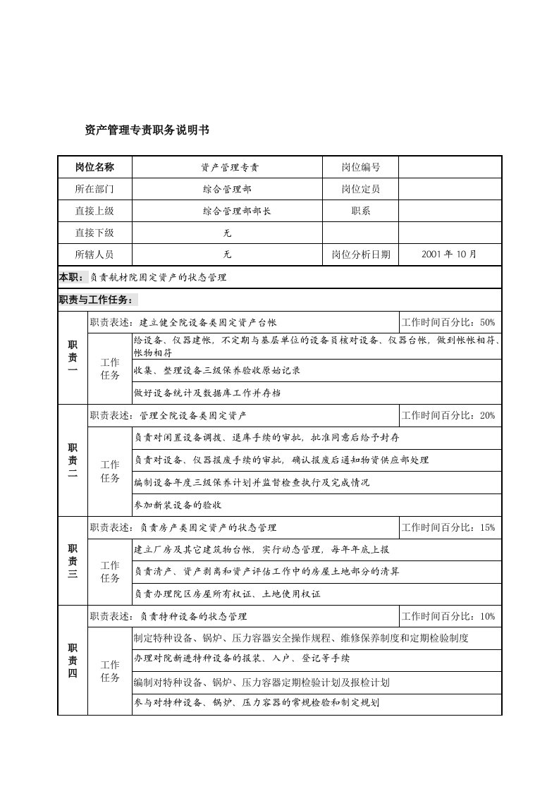 航材院综合管理部资产管理专责职务说明书