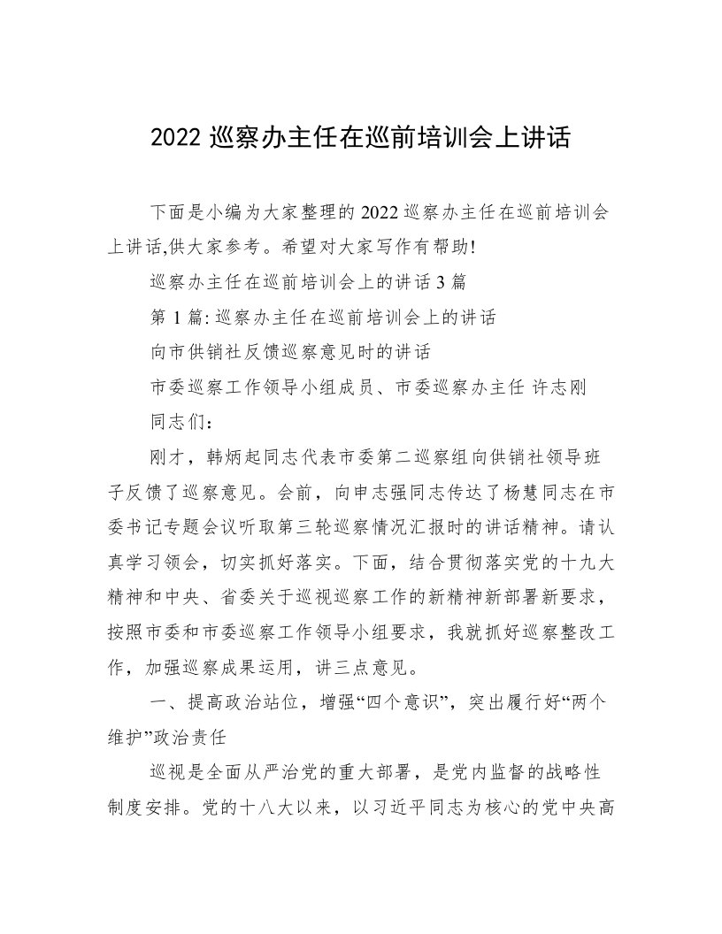 2022巡察办主任在巡前培训会上讲话