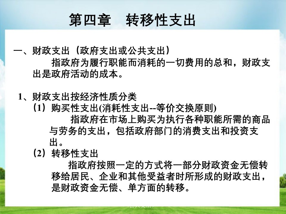 转移性支出财政支出（政府支出或公共支出）