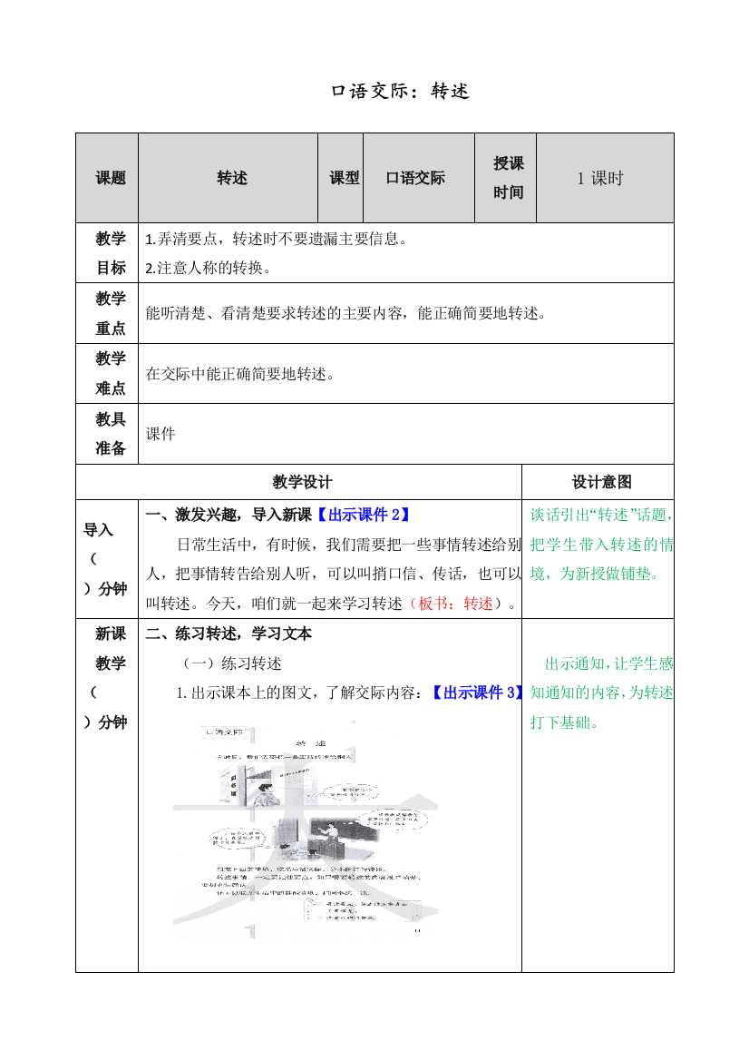 人教部编版四年级语文下册《口语交际：转述》教案