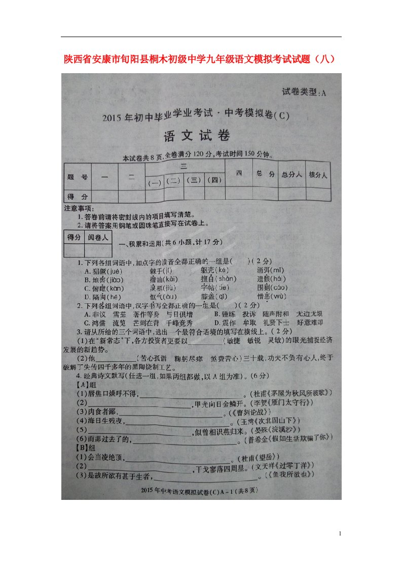 陕西省安康市旬阳县桐木初级中学九级语文模拟考试试题（八）（扫描版）