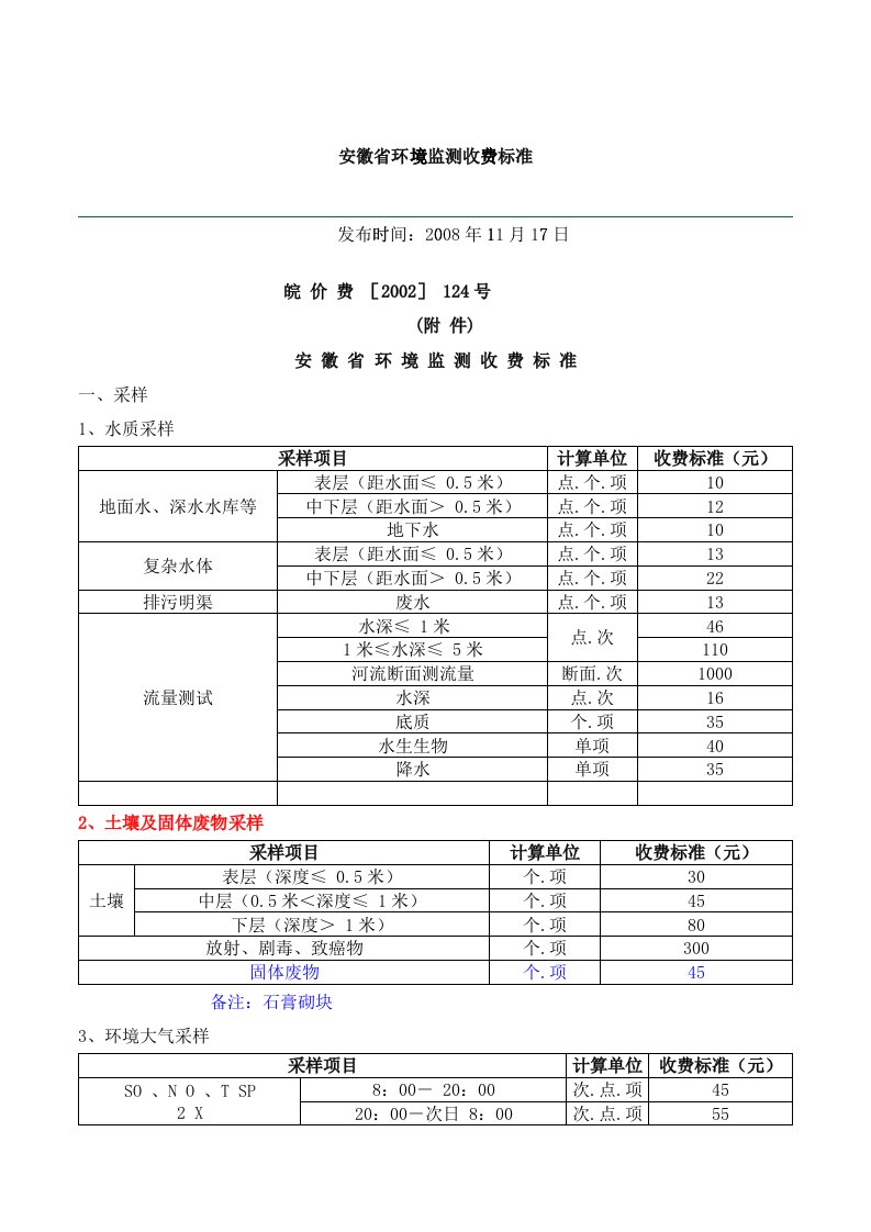 安徽省环境监测收费标准