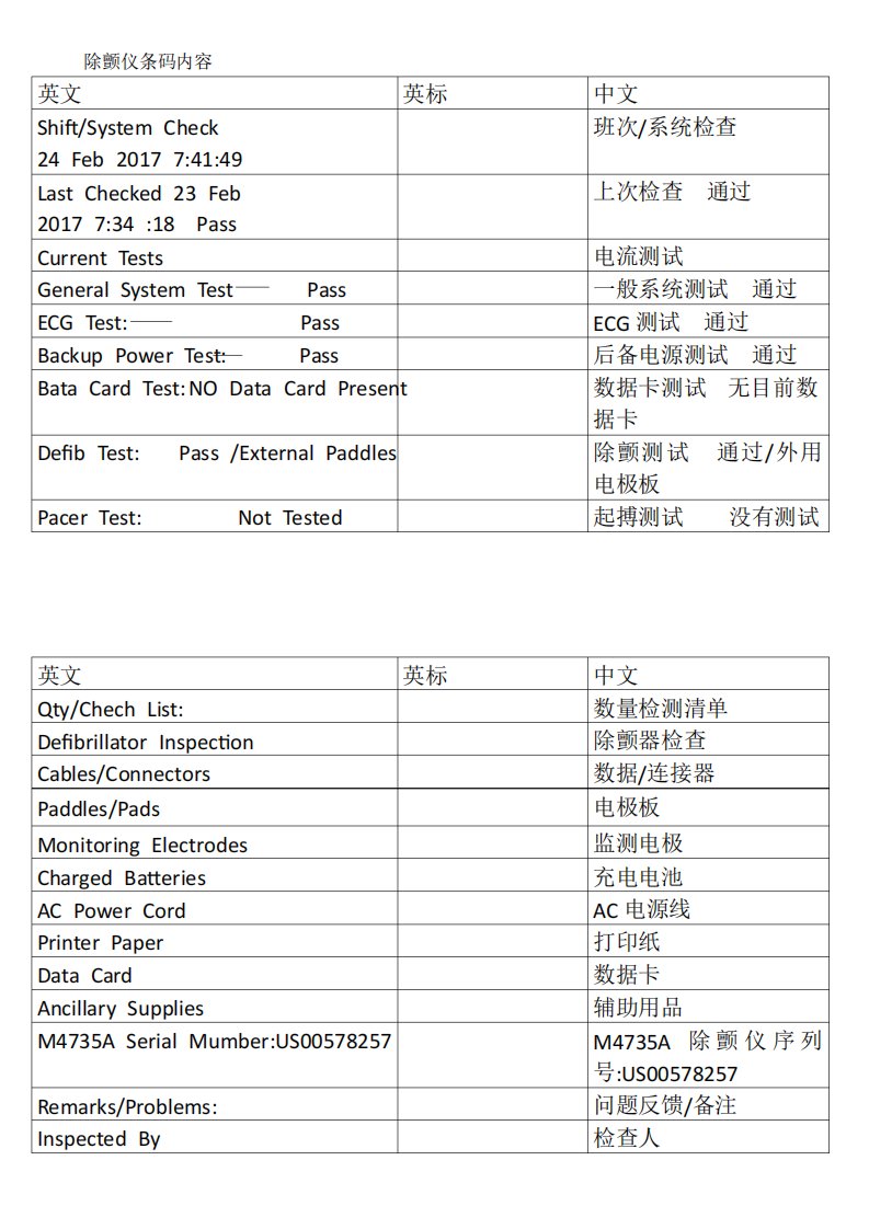 除颤仪条码内容