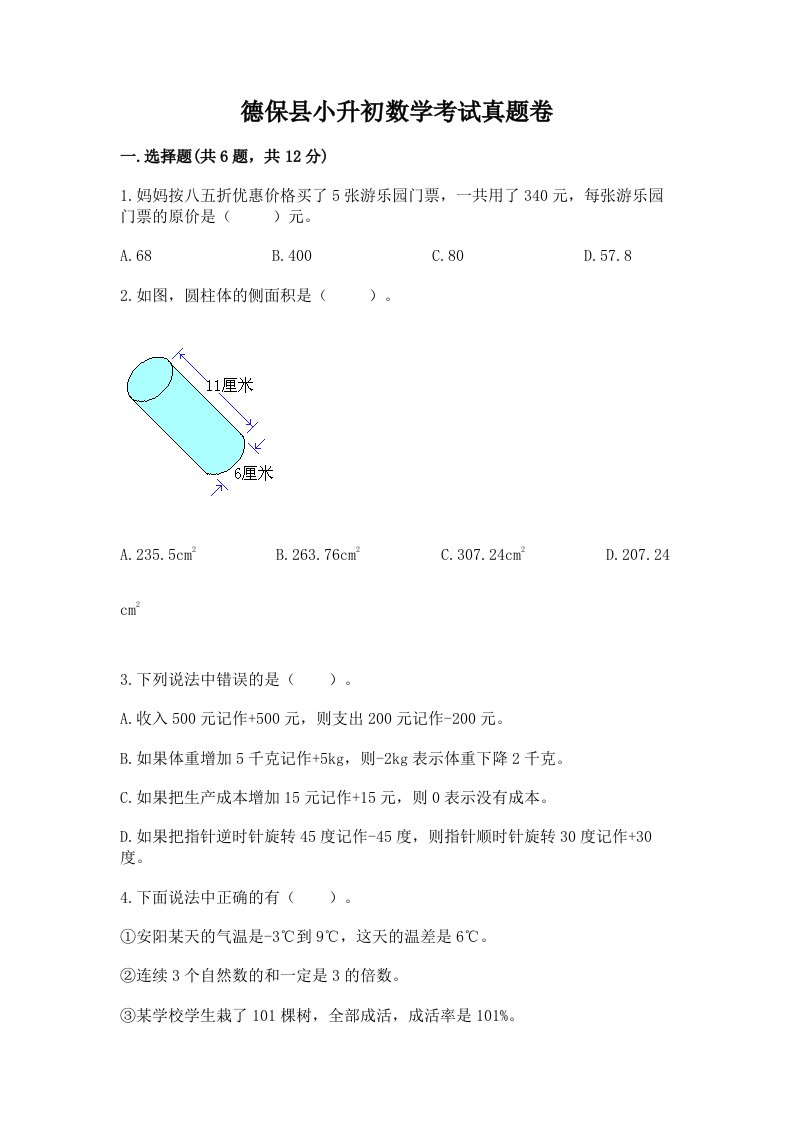 德保县小升初数学考试真题卷最新