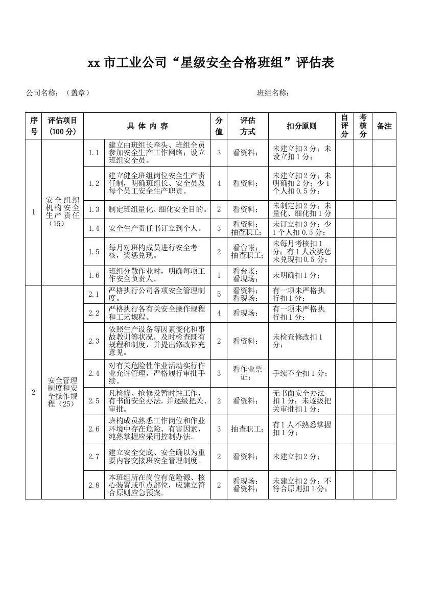 市工业企业星级安全合格班组评定表样本