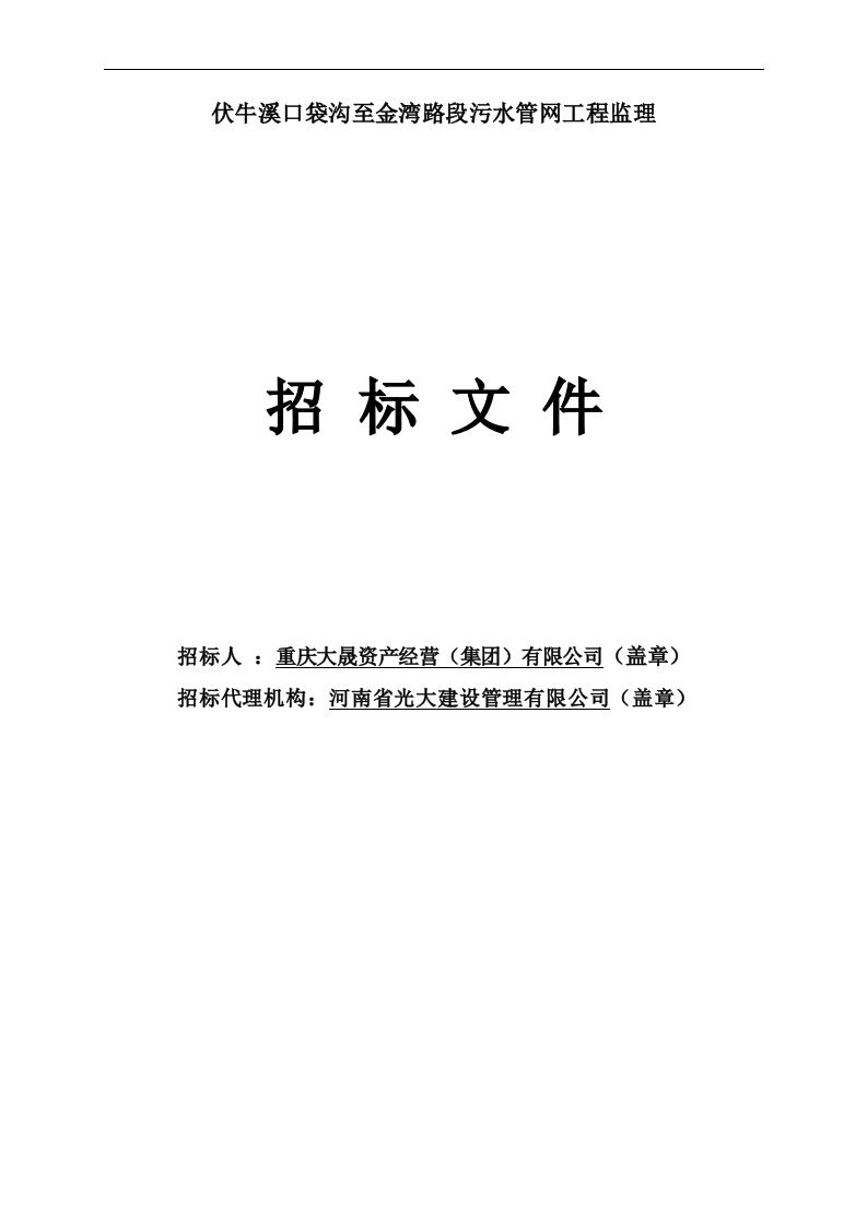 伏牛溪口袋沟至金湾路段污水管网工程监理招标文件