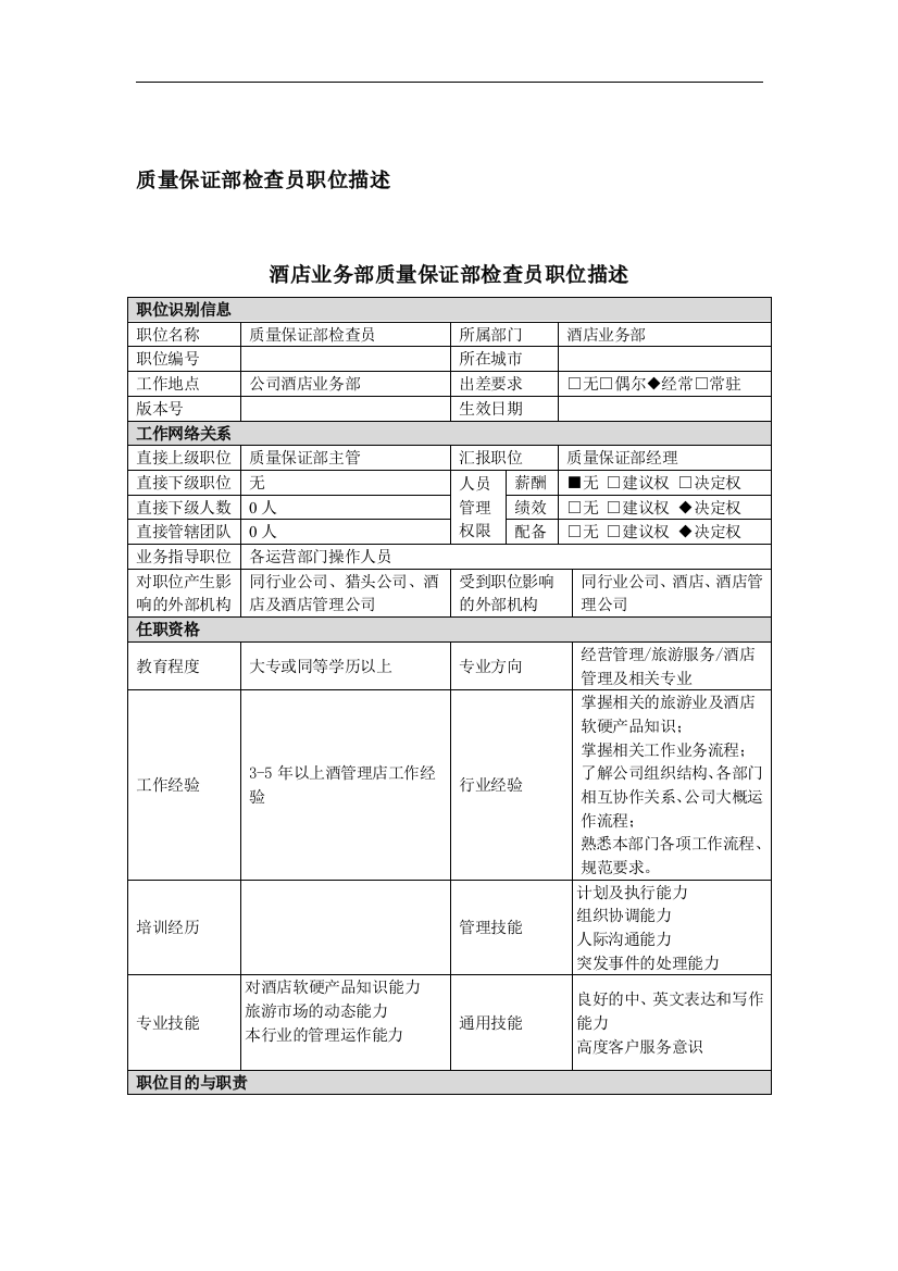 质量保证部检查员岗位说明书