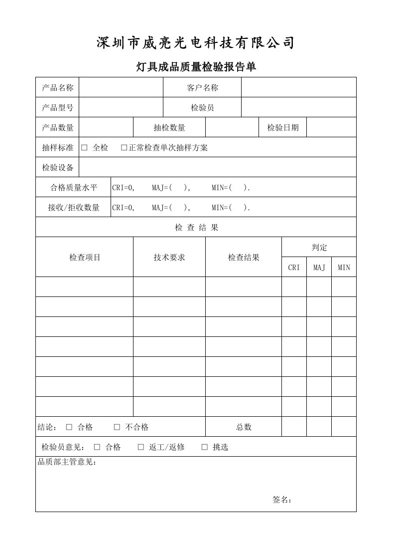 产品质量检验报告单