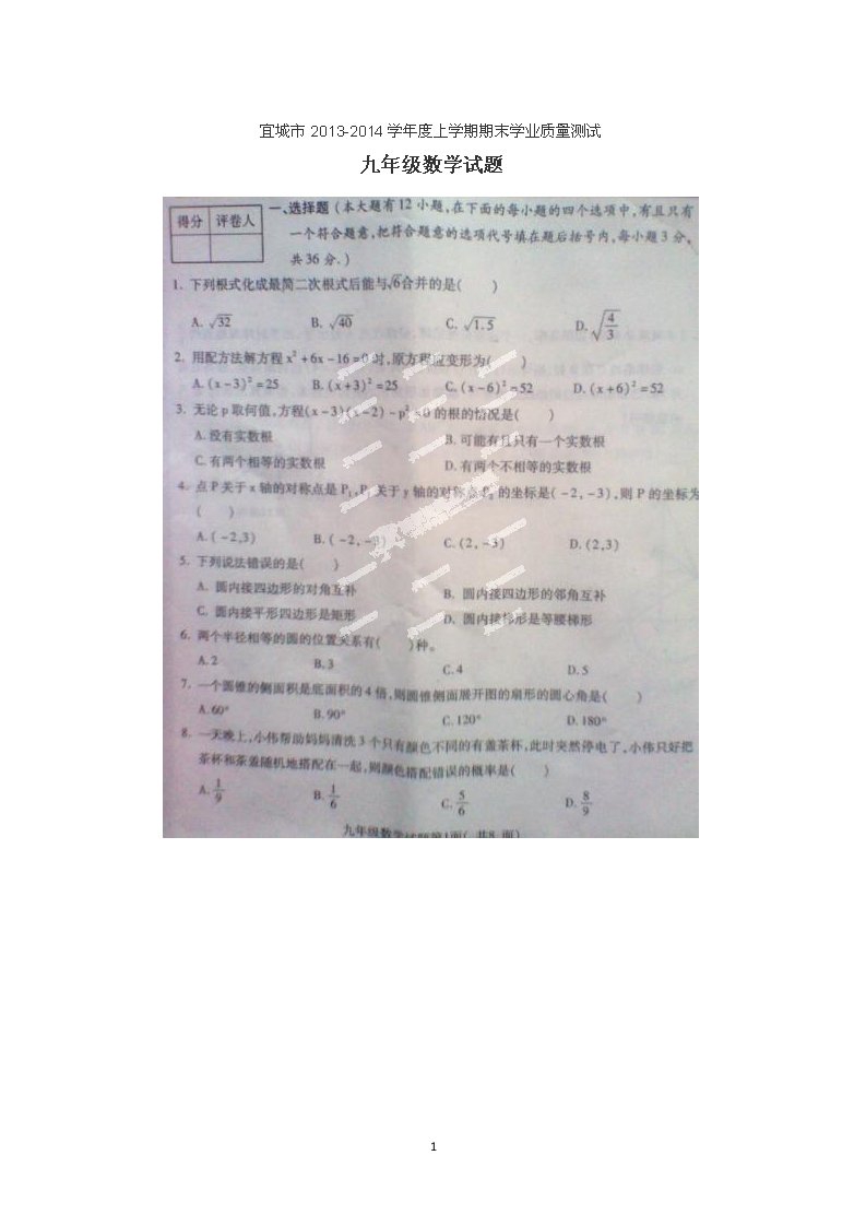 湖北省宜城市2014届九年级上学期期末水平测试数学试题扫描版