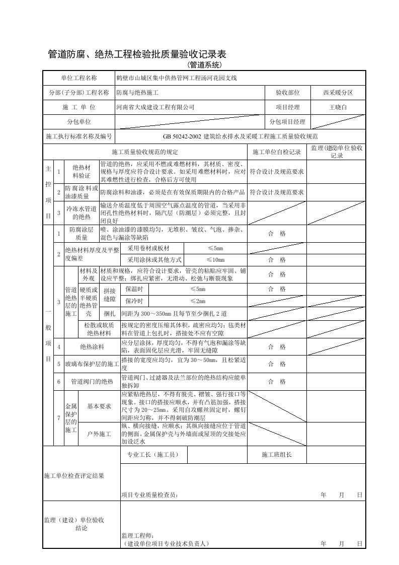 室外采暖管道防腐、绝热工程检验批质量验收记录表