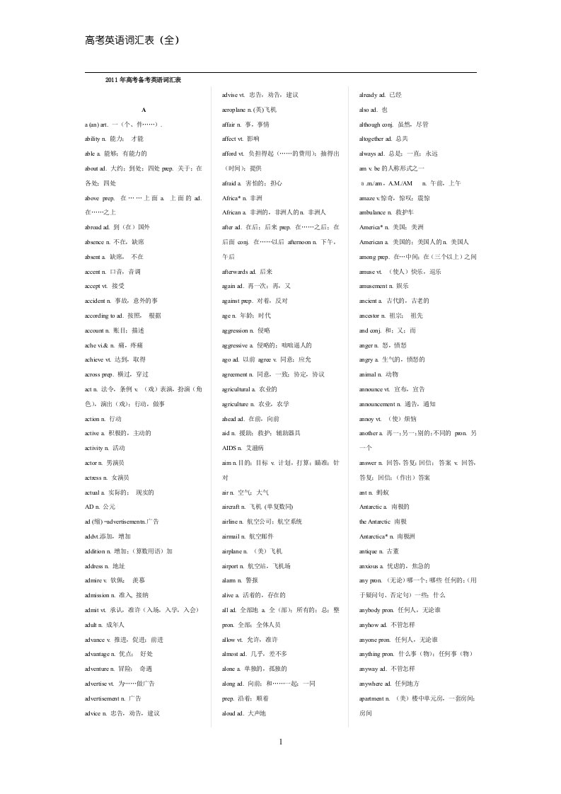2011年高考英语词汇表(高考必备)免费