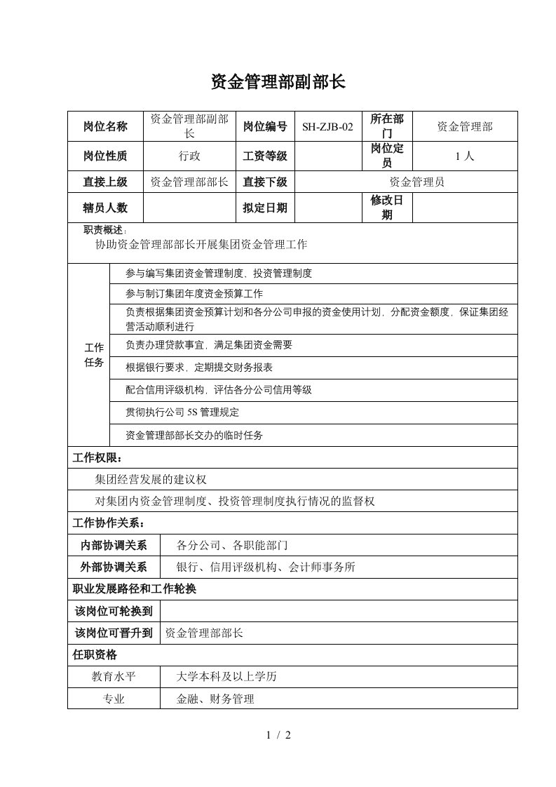 某汽车集团资金管理部副部长岗位说明书