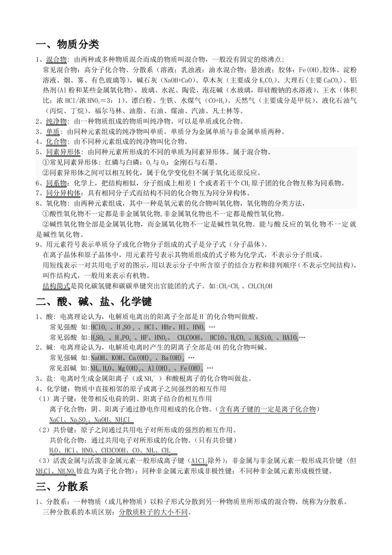 高中化学学业水平考试要点整理