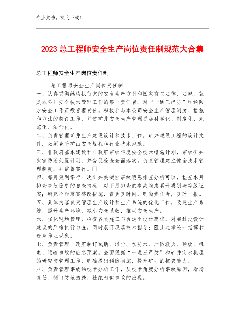 2023总工程师安全生产岗位责任制规范大合集