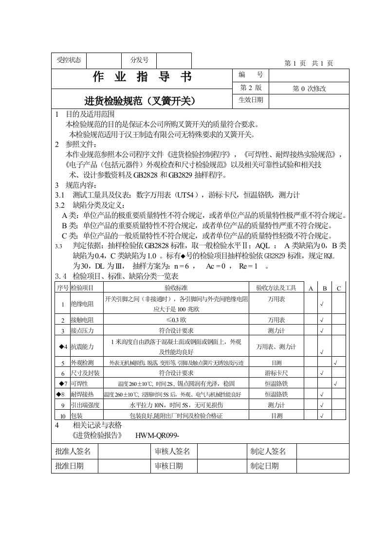 叉簧开关进货检验规范(doc)-质量检验