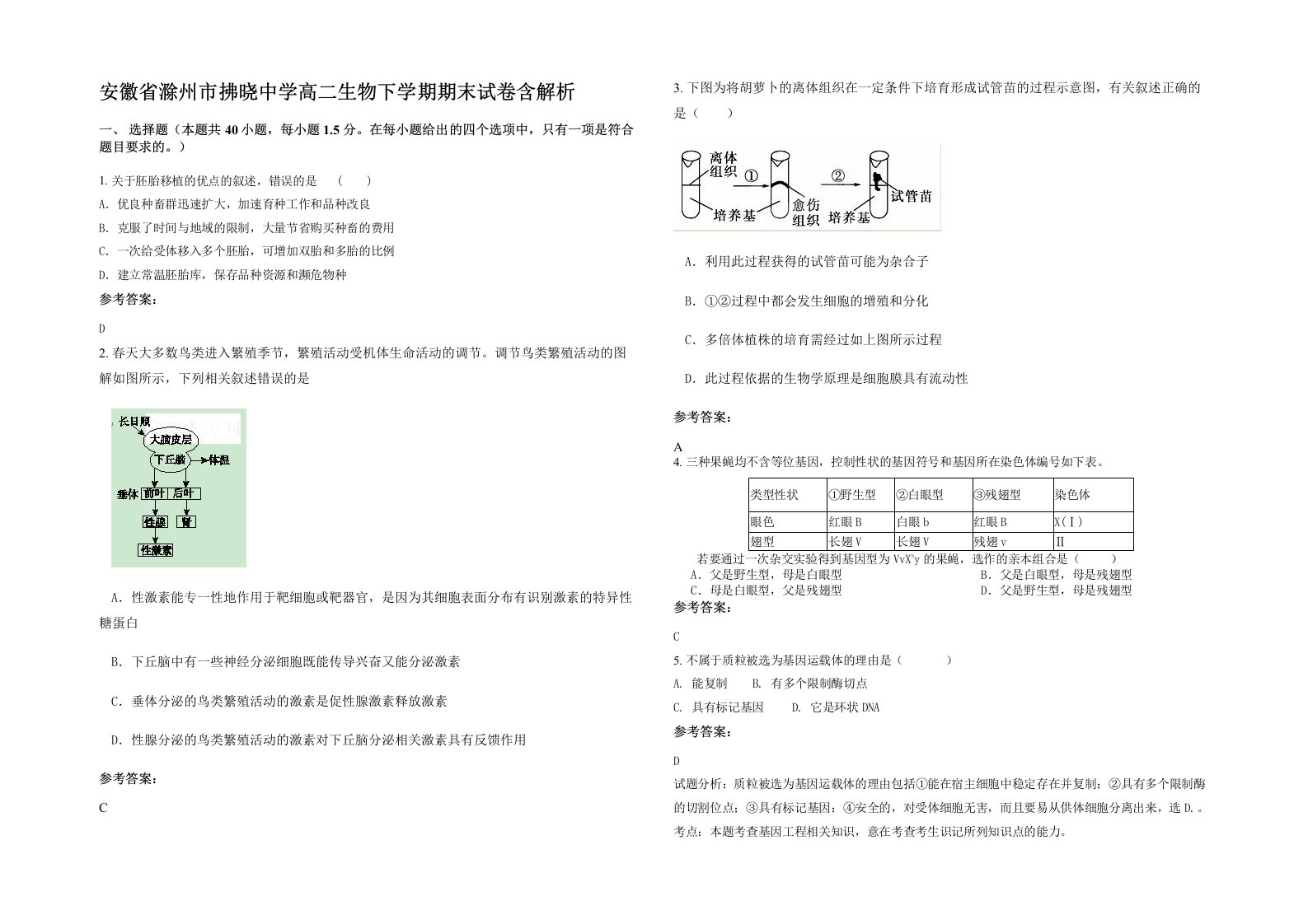 安徽省滁州市拂晓中学高二生物下学期期末试卷含解析