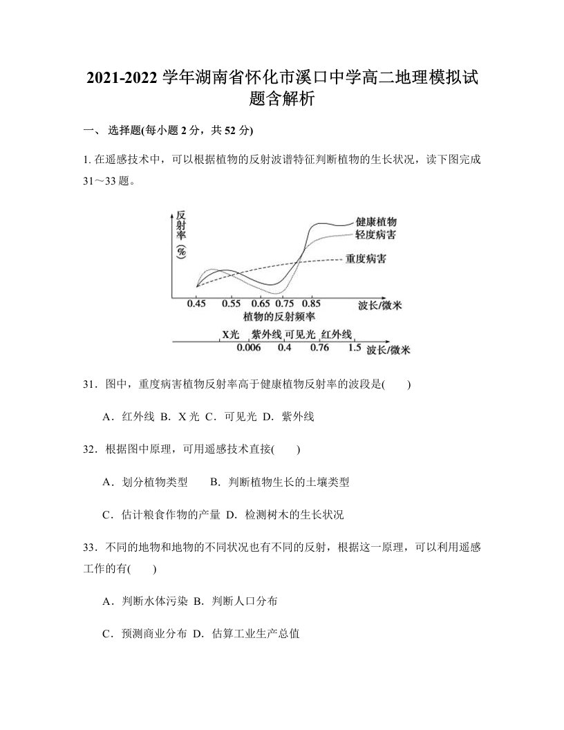 2021-2022学年湖南省怀化市溪口中学高二地理模拟试题含解析