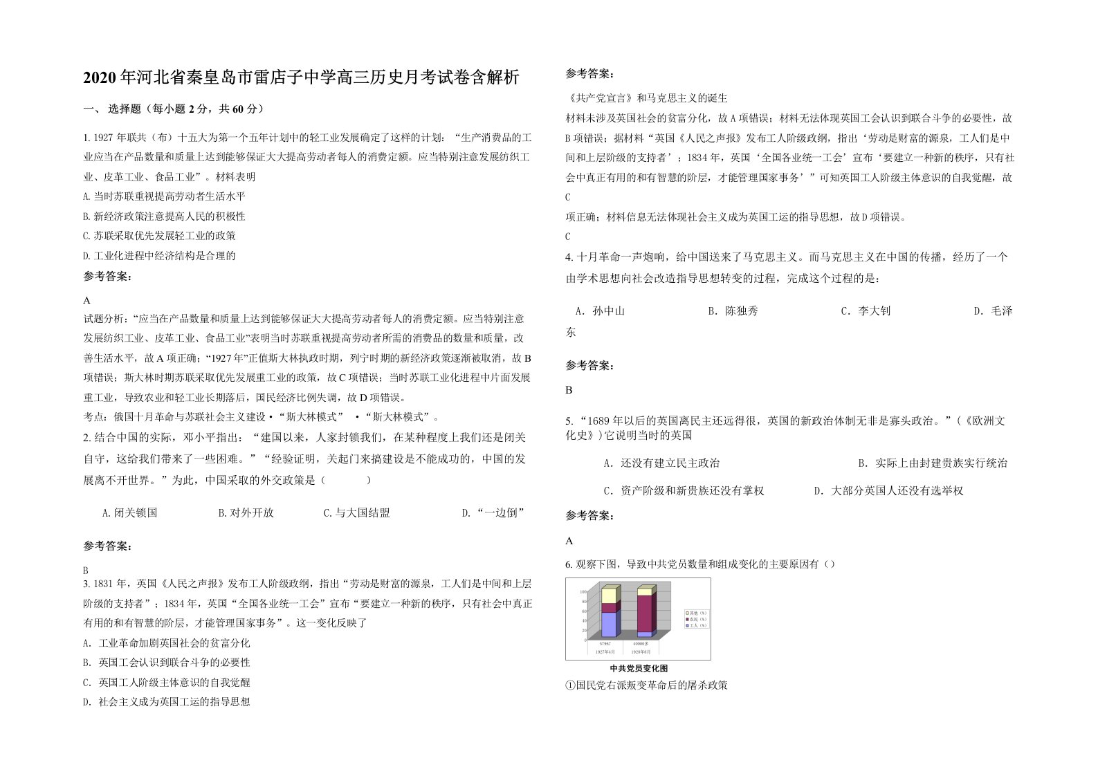 2020年河北省秦皇岛市雷店子中学高三历史月考试卷含解析