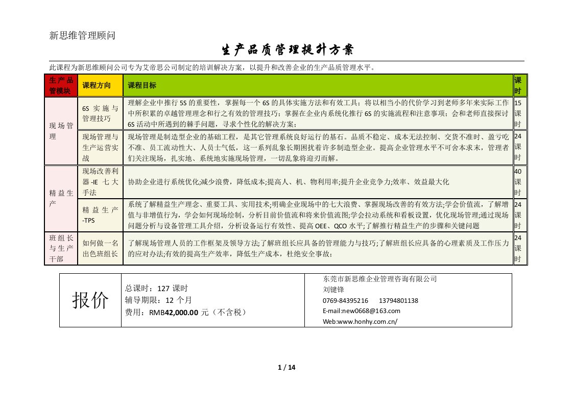 艾帝思生产品质管理提升培训方案