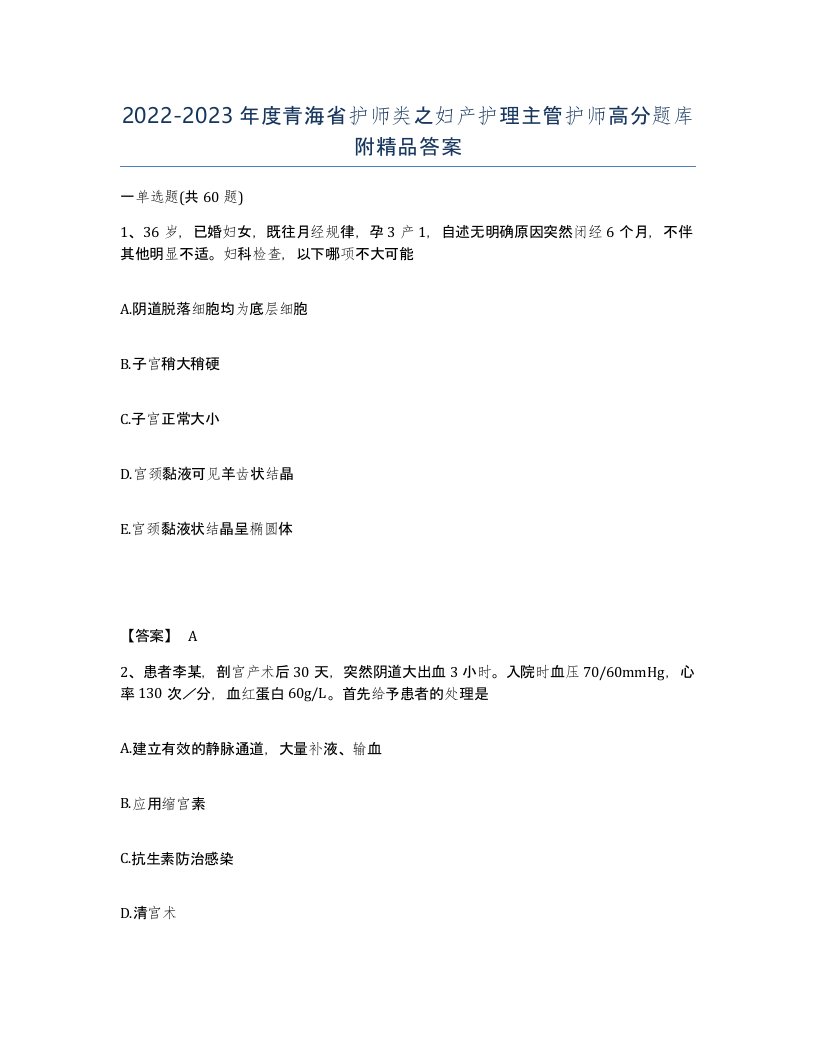 2022-2023年度青海省护师类之妇产护理主管护师高分题库附答案