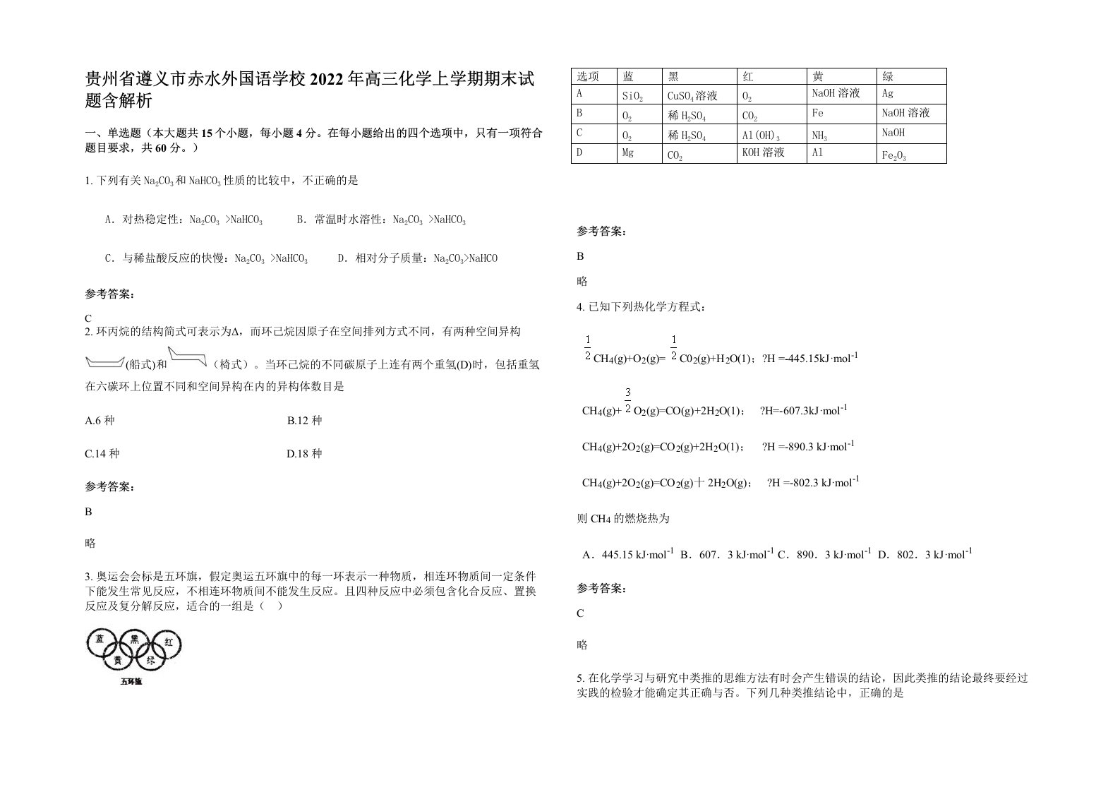 贵州省遵义市赤水外国语学校2022年高三化学上学期期末试题含解析