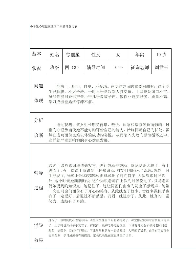 小学生心理健康咨询个案辅导记录表