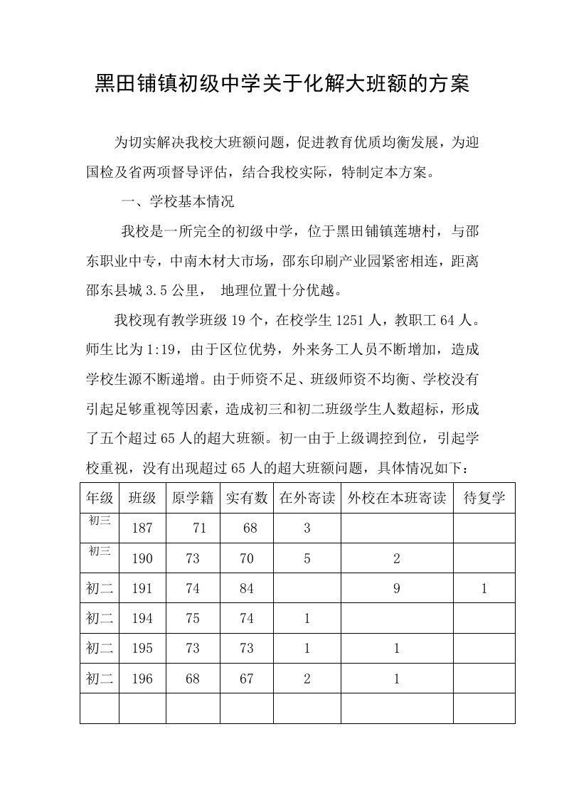 黑田铺镇初级中学关于化解大班额的思路方案