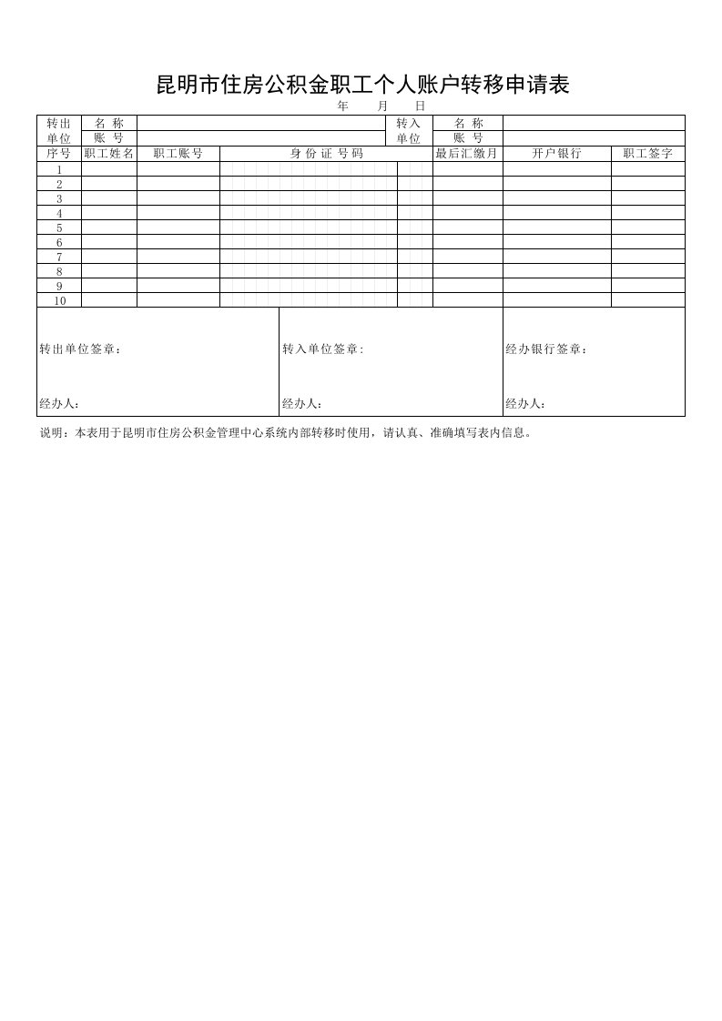 昆明市住房公积金个人账户转移申请表