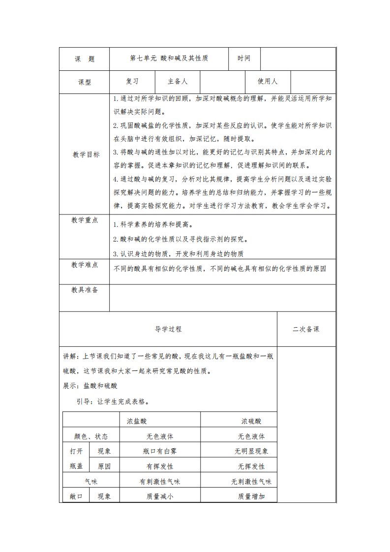 鲁教版九年级化学第七单元常见的酸和碱复习教案