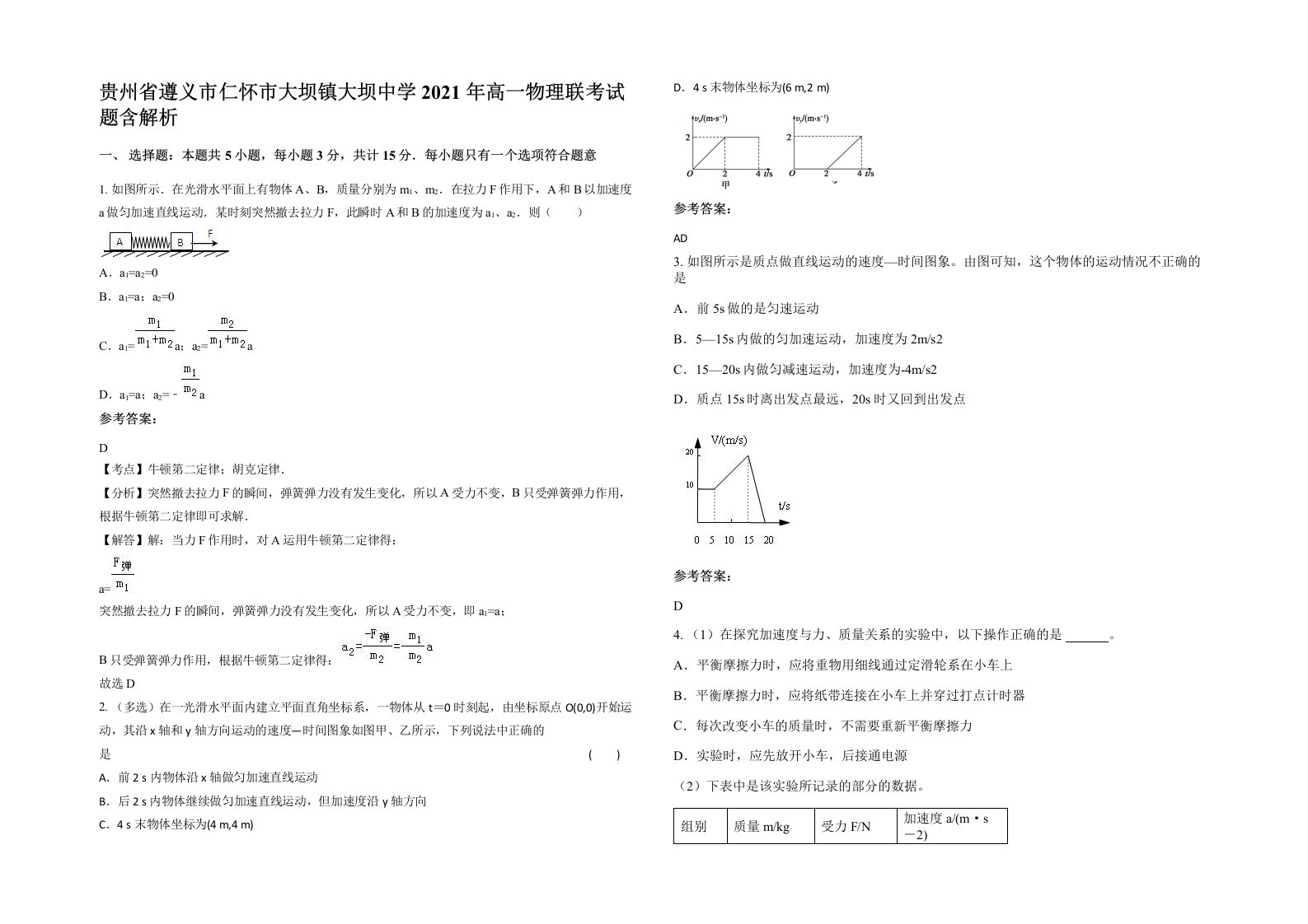 贵州省遵义市仁怀市大坝镇大坝中学2021年高一物理联考试题含解析