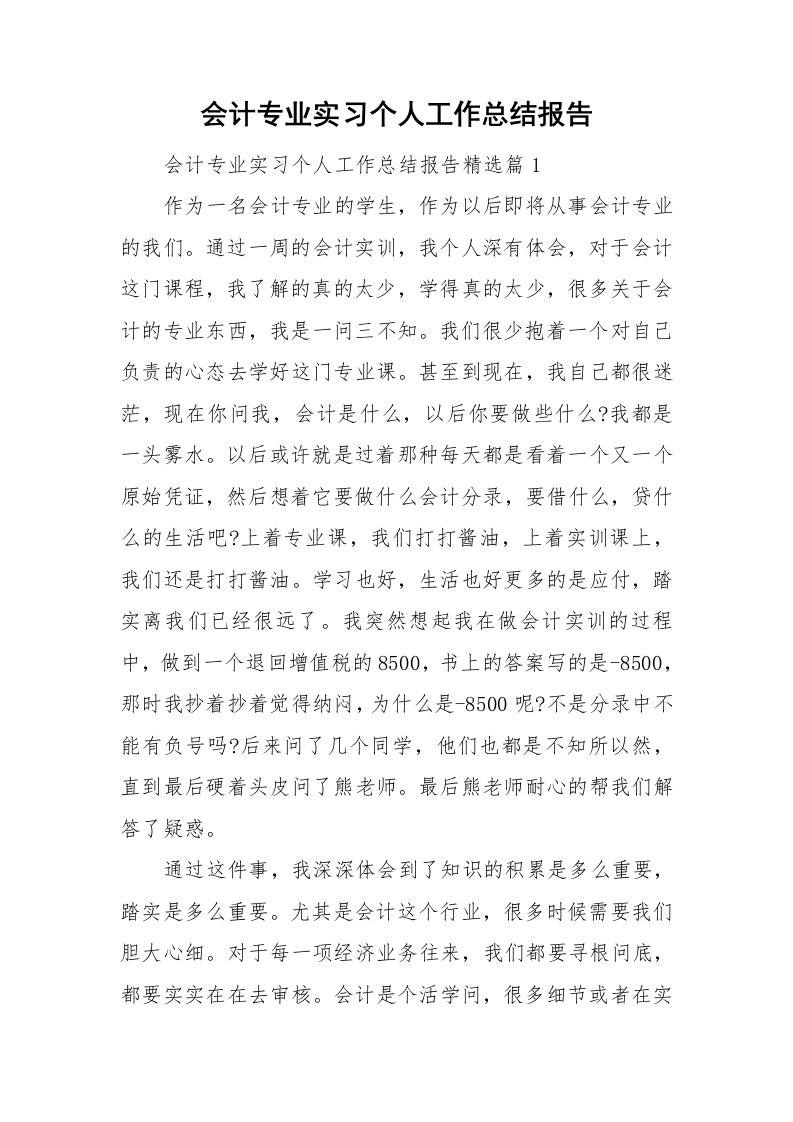 会计专业实习个人工作总结报告