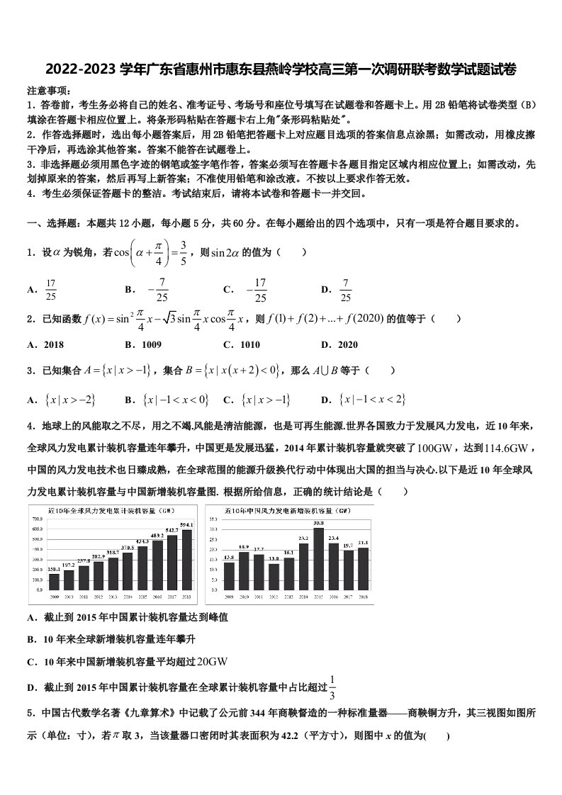 2022-2023学年广东省惠州市惠东县燕岭学校高三第一次调研联考数学试题试卷