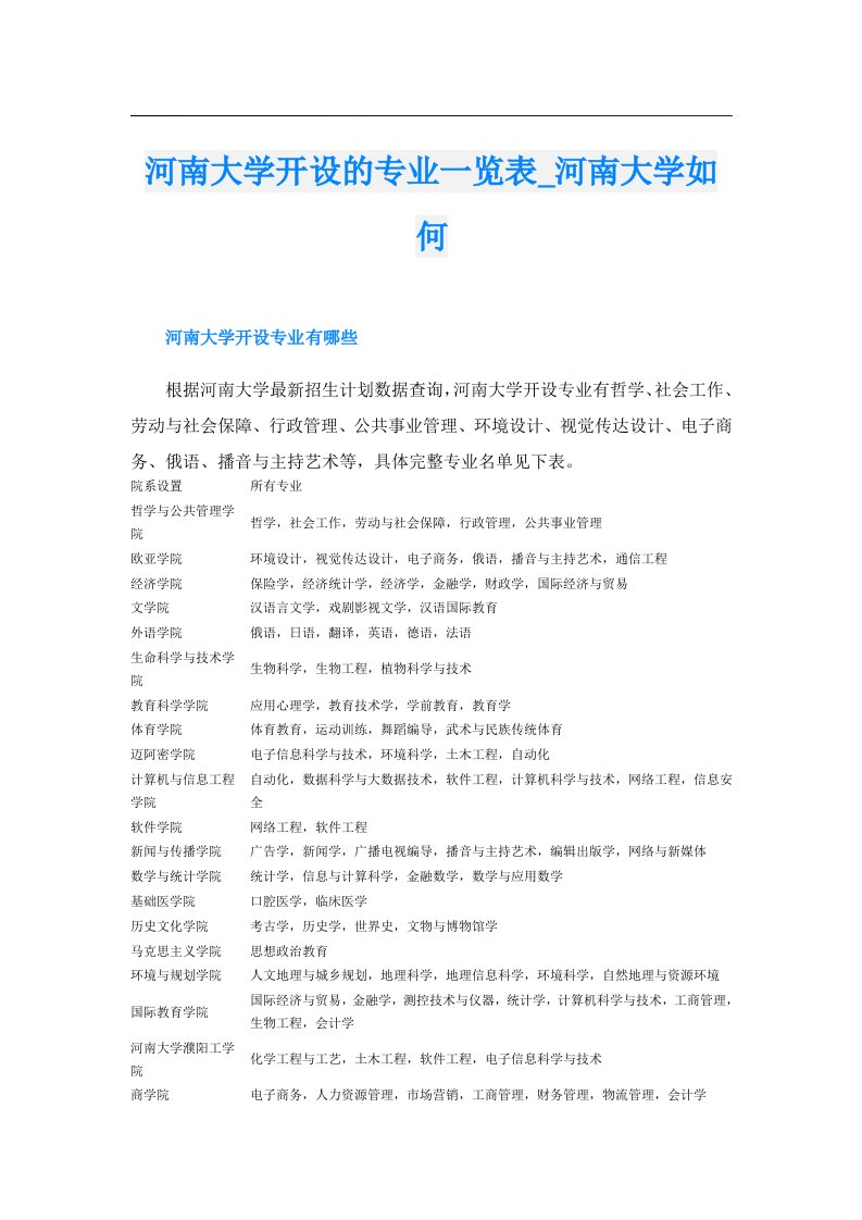 河南大学开设的专业一览表_河南大学如何