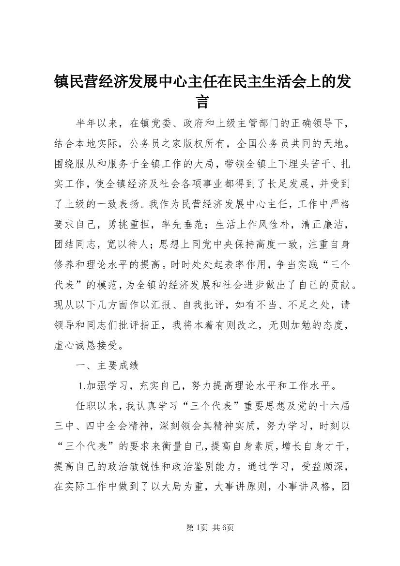 镇民营经济发展中心主任在民主生活会上的发言