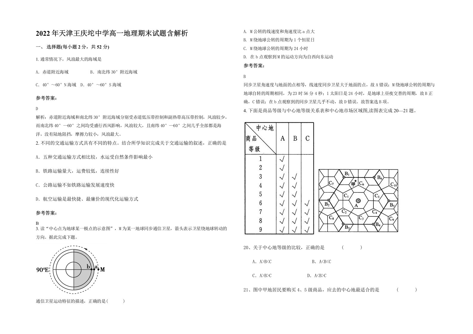 2022年天津王庆坨中学高一地理期末试题含解析