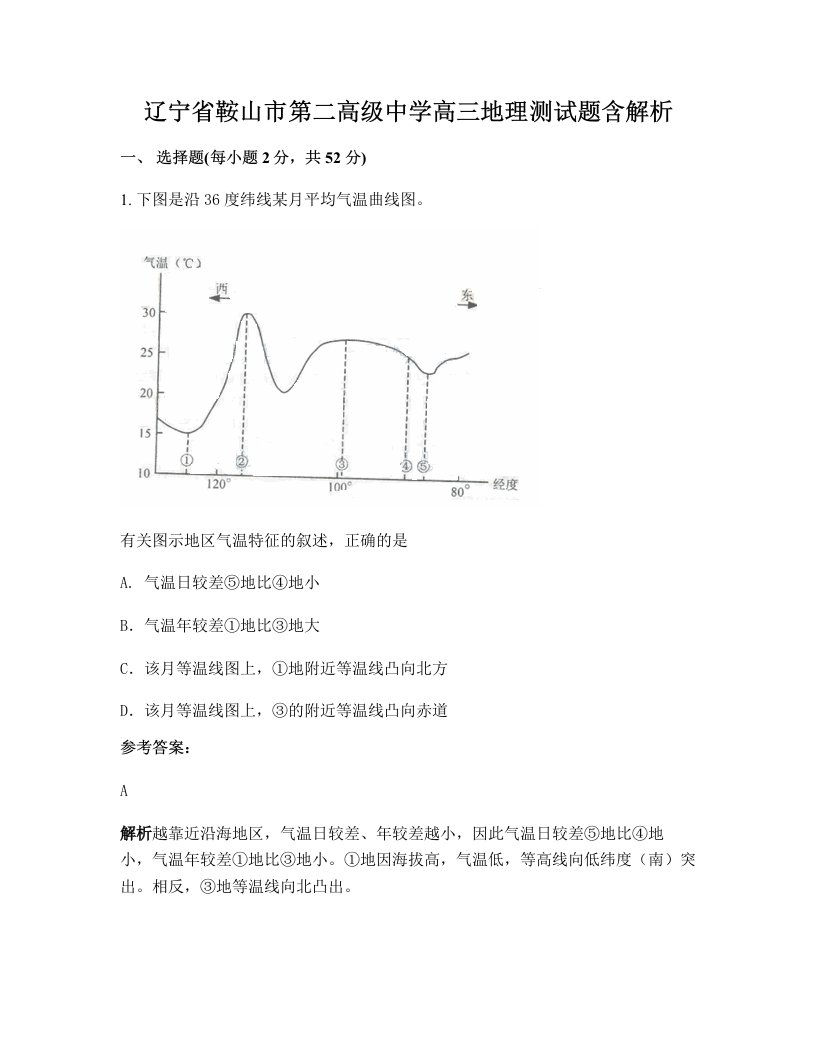 辽宁省鞍山市第二高级中学高三地理测试题含解析